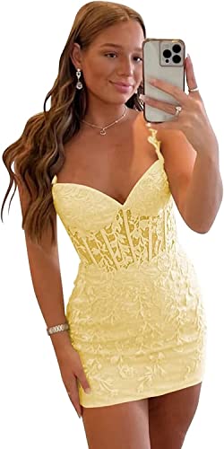 LANYXHSLF Short Homecoming Dresses for Teens Spaghetti Straps Cocktail Dress Yellow Tight Lace Prom Ball Gown Size 2