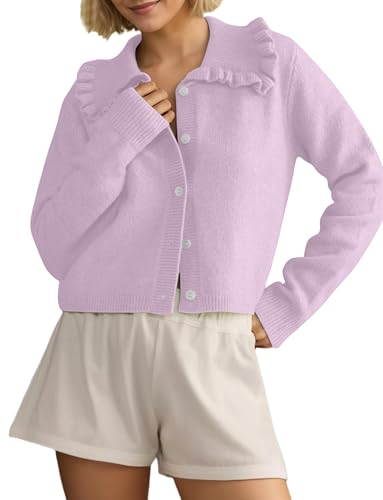 Image of Ythomm Womens Ruffle Collar Cropped Cardigans Button Down Open Front Long Sleeve Knit Sweater Jackets Casual Solid Fall Tops