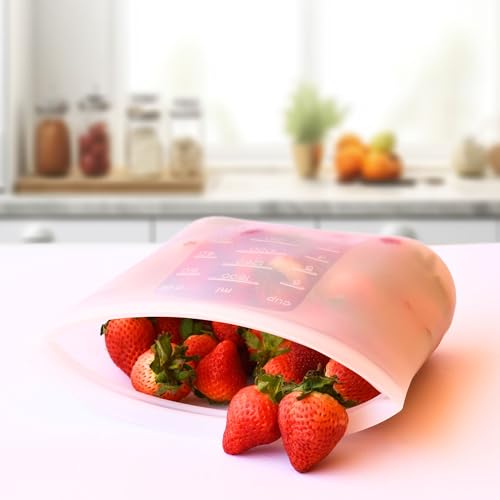 Image of Reusable Silicone Food Storage Bag Container,Ziplock Fridge /freezer pouch,Zipper Bag Keep Your Food Fresh For Vegetable,Fruit,Liquid,Sous Vide,Sandwich Snack Or Lunch Bag 1500ML-WH,Pink