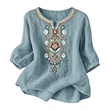 riou Camisas Mujer Manga 3/4 Algodón y Lino Primavera Cuello en V Casual T-Shirt Vintage Bordado Camiseta de Mujer Moda Casual Elegante Suelto Fiesta Tops T-Shirt Original Oficina Negocios