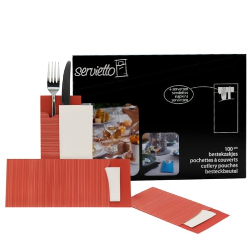 Enpack Bestecktasche mit Serviette in rot 100 Stück - Taschen mit Servietten für Besteck - Serviettentaschen aus Papier mit Besteckservietten -...