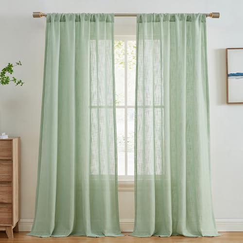 HLC.ME Linda Faux Linen Semi Sheer - Privacy Textured Thick Sheer Light Filtering Window Rod Pocket Curtain Panels - 54 W x 84 L per Panel, Seafoam Light Green (Pack of 2)