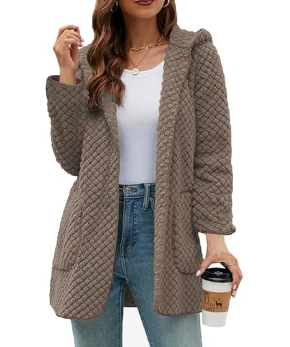 ABYOVRT Mujer Chaqueta Cárdigan con Capucha Fleece Casual Sudaderas con Forro Polar Talla Grande Outwear con Bolsillos Otoño Invierno,Caqui,S