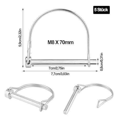 Rohrklappsplinte, 5 Stücke D Förmiger Sicherungsstift, Karbonstahl Sicherungsbolzen, Sicherungsstift, mit Rastverschluss Sicherungsstift, Für Lkw, Boot, Garten Und Bauernhof, 8mm x 70mm