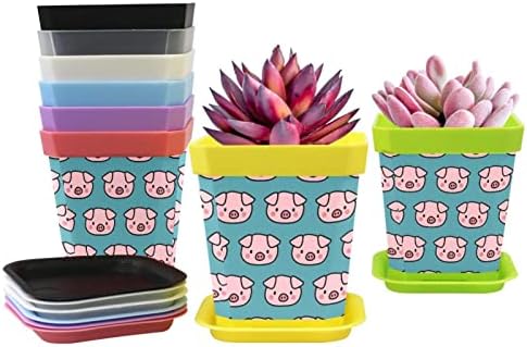 8 Packs Small Flower Pot with Tray, Flower Fruit Butterfly Plastic Planter Pots, Seed Starting Pots for All House Plants Succulents Orchid Cactus, Pig Blue Animal