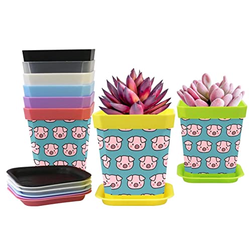 8 Packs Small Flower Pot With Tray, Flower Fruit Butterfly Plastic Planter Pots, Seed Starting Pots For All House Plants Succulents Orchid Cactus, Pig Blue Animal #TOP30