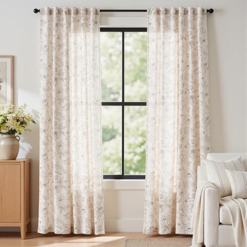 jinchan Linen Floral Curtains for Living Room 84 Inch Length Taupe Flower Curtain Rod Pocket Back Tab Farmhouse Curtains with Printed Floral Bedroom Window Curtain Set, 2 Panels Taupe