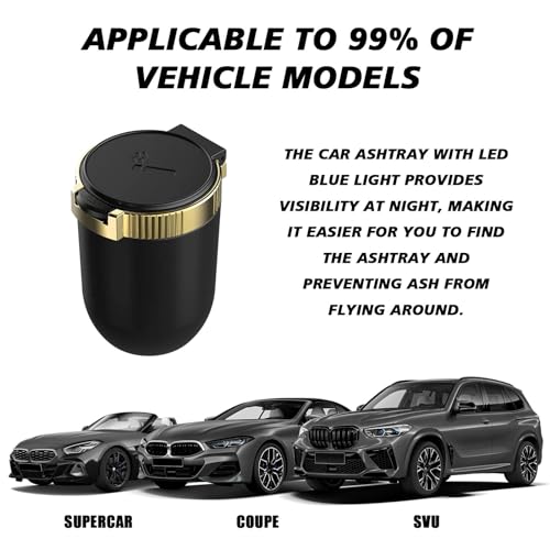 Image of Car Ashtray with lid Smell Proof, Smoke-free portable mini car trash can with LED Blue Light,Removable Stainless Steel Car Cup Holder Universal Car Interior Accessories(Gold), QBOONPT-YHG01
