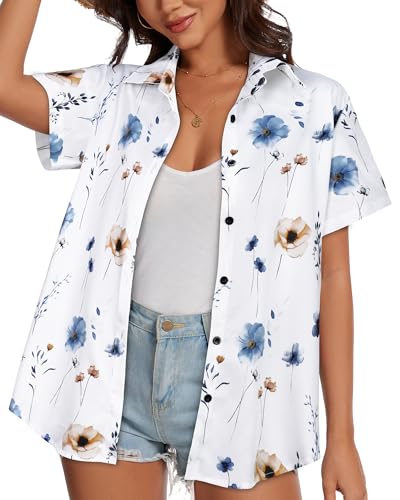 Image of Women Hawaiian Shirt Button Down Summer Tops Beach Short Sleeve Blouse