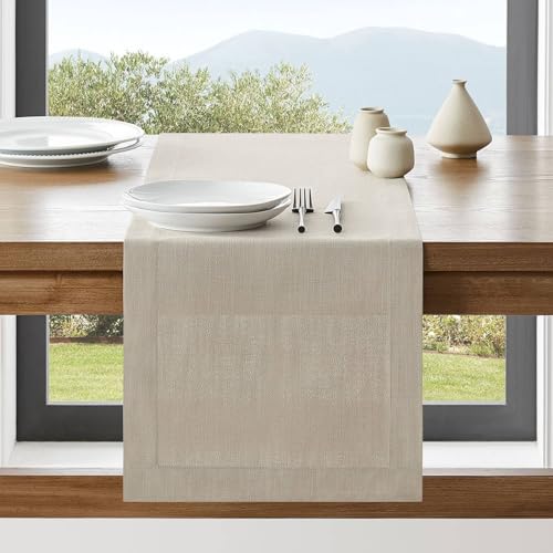 Image of ZeeMart Linen Textured Border Table Runner, 14 x 108 Inch Natural, Farmhouse Style Neutral Table Runners 108 Inches Long, Easy Care Everyday Polyester Table Runner