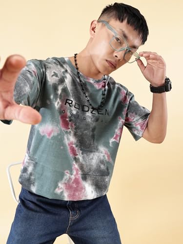 Buy RodZen Oversized Half Sleeves Cotton Round Neck Tie-Dye Grey - Image 6