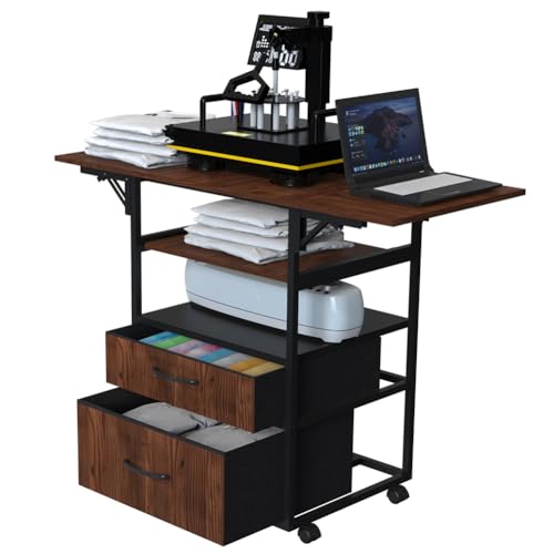 Movable Heat Press Table with Pull-Out Tray & Drawers 4-Tier Heavy Duty Foldable Heat Press Stand Cart with Wheels Large Storage Workbench for Sublimation T-Shirt Cricut Printer & Crafting