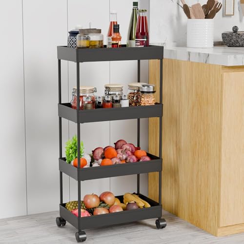 Image of TEKCOOL Plastic Storage Rack for Bedroom /Shelf for Bedroom /Bathroom Storage Rack /Trolley for Kitchen Storage /Multipurpose Storage Rack (Black, 4 Layer)