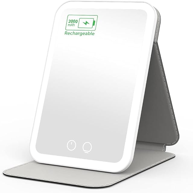 EASEHOLD Foldable Lighted Travel Vanity Makeup Mirror with Stand Leather Cover, 2000 mAh USB C Rechargeable, 3 Color Lights with 52 LEDs,Portable Folding Compact Mirror,Stepless Dimming