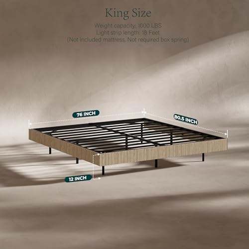 Image of Evermagin Oak King Floating Bed Frame with led Lights, Fluted 12in High Platform Bed No Headboard, Heavy Duty Mid Century Modern Float Metal Bedframe, No Box Spring Needed (Oak, King-12in high)