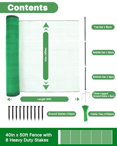 Image of Temporary Fence with Metal Posts, 40 inch Hx50'L Garden Fence Animal Barrier with Ground Spikes, Plastic Fencing for Outdoor Dogs, Chicken, for Backyard, Patio, Garden