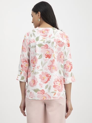Image of FableStreet Women Shirt Work & Casual | Relaxed Fit Mandarin V-Neck Three-Quarter Sleeves Solid Pattern | Breathable Woven Fabric for Office & Everyday Wear