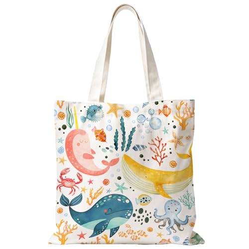 YRDBGHZDF Sea Animal Coastal Beach Tote Bag, Ocean Lover Gifts Canvas Tote Bags, Colorful Whale Octopus Fish Coral Sealife Reusable Grocery Shopping Bag