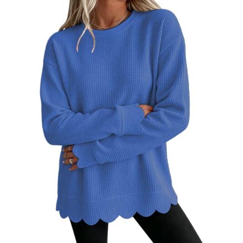 Crew Neck Sweatshirts Women Waffle Oversized Cute Scalloped Sweatshirt - image 1
