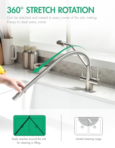 TIMACO 3 Wege Wasserhahn Küche,Küchenarmatur-360° Drehbar,mit 3 in 1 Wasserhahn für Wasserfilter,Spiralfederarmatur Trinkwasserhahn mit Doppelhebel,Hochdruck