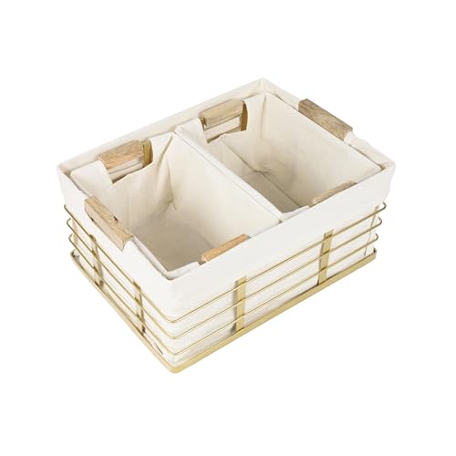 happimess BSK3002D-3SET Callan Vintage Industrial Wire Metal Nesting Storage Baskets with Wood Handles and Fabric Liner for Shelves, Cabinets, Pantry, Countertop, Mesh Open Bin, Gold (Set of 3) by happimess - Image 5