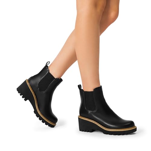 DREAM PAIRS DREAM PAIRS Women's Wedge Chelsea Ankle Boots Fashion Round Toe Low Wedge Heel Platform Booties Shoes,Size 11,Black-Pu,SDAB2403W
