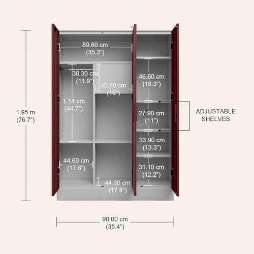 Image of Interio by Godrej Almirah Slimline 3-Door Steel Almirah, Cupboard for Clothes (Russet), 1-Year Warranty, 7 Shelves, 1 Locker, Star Design Mirror