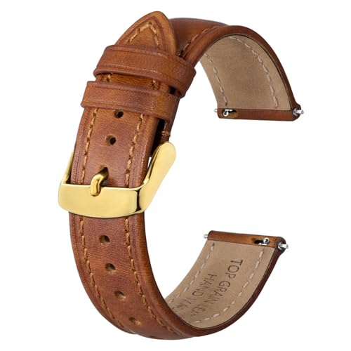 BISONSTRAP Retro Correas de Reloj de Cuero para Hombres, Correa de Repuesto de Piel de Becerro Encerada con Aceite, Liberación Rápida, 18mm, Marrón Caramelo (Hebilla Dorado)