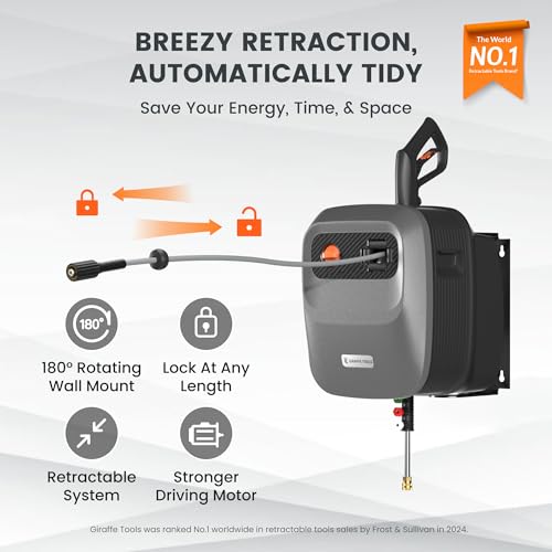 Image of Giraffe Tools Grandfalls Retractable Pressure Washer G20, 2500 PSI 2.2 GPM, 180 Wall Mounted Power Washer, Auto-Retract with 65ft Pressure Hoses, 5 Nozzles for Floor /Cars /Fences /Patios, Dark Silver