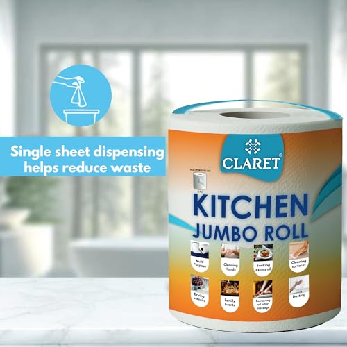 Image of Claret Kitchen Jumbo Towel Tissue Paper Roll Napkin 300 Pulls Each Roll | Soft & Highly Absorbent | 100% Natural | 2 Ply | Ideal For Cleaning Kitchen Accesssories Microwave & OTG (Pack Of 2)