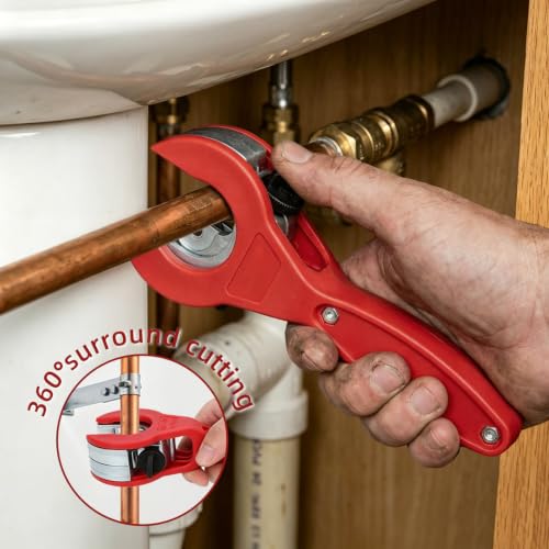 Ratcheting Pipe Cutter for Close Quarters, Ratchet Pipe Cutter for Hard Copper, PVC, PPR & Plastic Tubing, Smooth Clean Cuts, Compact Low-Swing Cutter with Extra Blade & Gloves, 5/16"–1-1/8" by xoermioy - Image 5