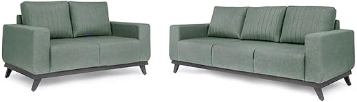 Wakefit 3+2 Seater Sofa Set, Barcelona Style, Omega Green Fabric, Neem Wood Frame, 86.5" L x 34" W x 34" H, Living Room