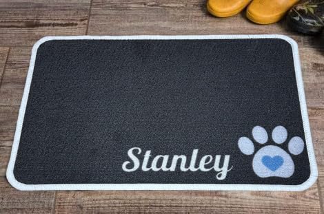 Personalised Extra Large Pet Feeding Mat | Machine Washable & Absorbent Carpet Pile | Non-Slip Backing | Little Paw Blue