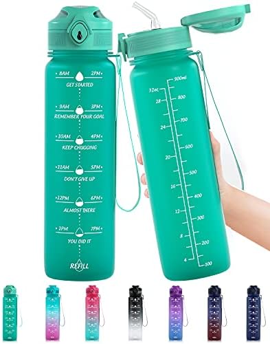Lunidry 1 litre Water Bottle with Straw, 32oz Motivational Sports Water Bottle with Time markings, BPA Free Tritan Leakproof Reusable Drink Bottles for Running, Cycling, Gym, Outdoor Sport