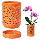 Wilafury Macetas para orquídeas Transpirables, macetero de orquídeas de 4 Pulgadas con Agujeros, platillo y Maceta de cerámica de Drenaje para Plantas de Interior y Exterior (Naranja)
