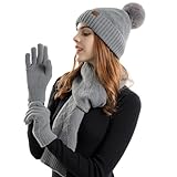 AEGTVA Gorro Invierno Bufanda - Guantes Tactiles con Tejido de Punto - Bufandas con Forro de Felpa para Mujeres(gris)
