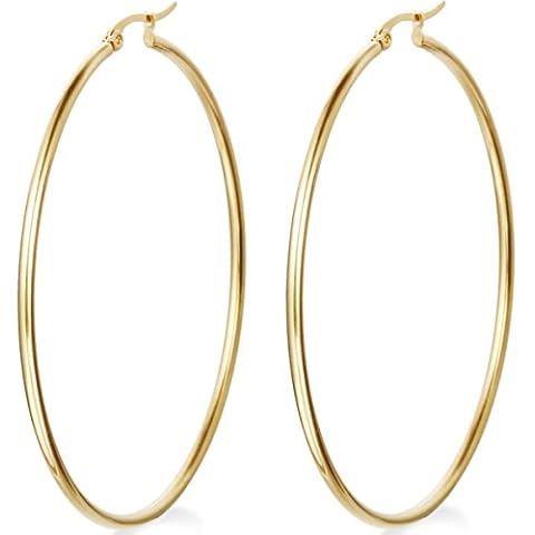 Flongo Women's Stainless Steel Gold 63mm Big Large Round Plain Anti-allergy Hoop Loop Earrings Cover