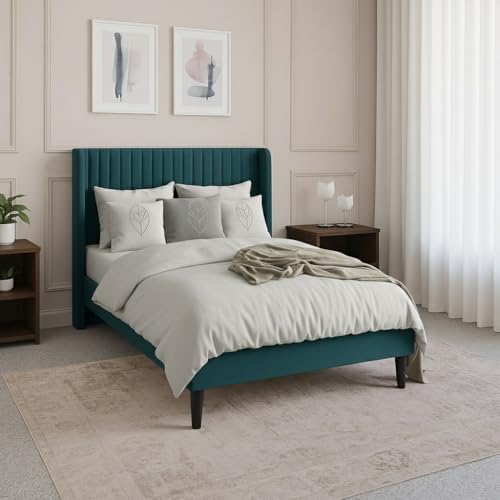 Image of Modern Upholstered Single Size Bed Without Storage | Single Size Bed for Bedroom with Headboard | Palang Furniture for Guest Room, Hotels and Home | Bottle Green, (Bottle Green)