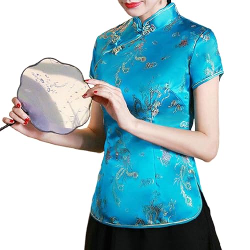 Camisa Cheongsam China de Manga Corta con Cuello mandarín Estampado étnico Tradicional, de Elastano, Oversize y Transpirable, Ideal para Uso Diario, Primavera Informal