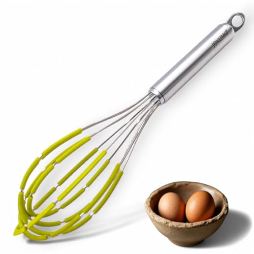 Balloon Silicone Egg Whisk with Spatula Scraper Wires, 18/10 Stainless Steel, Non-Stick Pan Safe, Ergonomic Tube Handle Perfect for Blending, Whisking, Beating and Stirring, 11 inch (Green)