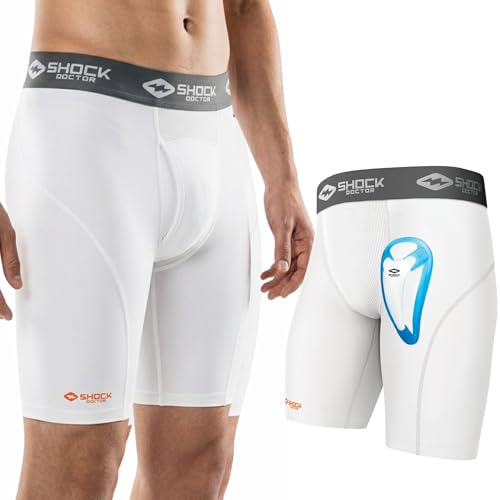 Shock Doctor Compression Shorts with Protective Bio-Flex Cup Moisture Wicking Vented Protection White Youth Medium