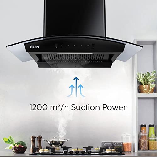 Image of Glen Chimney Auto Clean Curved Glass Filter less Kitchen Chimney for home With 7 Year Warranty On Motor, with Motion Sensor 1200 m3 /h, Black (6058 BL Auto Clean) (CH6058BLAC90)