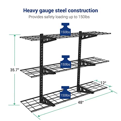 Fleximounts 3-Tier 1X4Ft Garage Storage Wall Shelving 12-Inch-By-48-Inch Per Shelf Height Adjustable Floating Shelves (Black) #TOP5