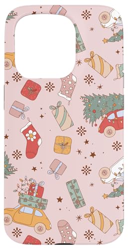 Retro Christmas Santa Trees Checker Snowflakes Pink X}zP[X iPhone 15 Pro p