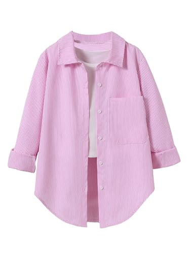 Floerns Girl's Striped Print Long Sleeve Button Down Shirts Blouse Tops