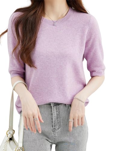 Women Summer Fall 100% Merino Wool Sweater Crewneck Short Sleeve Tops Knit Pullovers Jerseys Sweater4