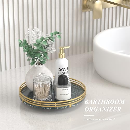 Image of Green Marble Lazy Susan Turntable for Table Top - 10 inch Round Marble Tray Organizer for Dining Table, Kitchen Countertop & Bar, Luxury Stone Serving Tray with Gold Frame