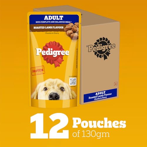 Image of Pedigree Adult Wet Dog Food, Roasted Lamb Flavour Chunks in Gravy, 130 g (Pack of 12), Complete & Balanced Meal for Adult Dogs