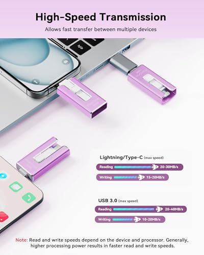 Image of MFi Certified 256GB Flash Drive for iPhone, 3 in 1 Type-C USB Memory Stick Thumb Drive for Photos Videos, High Speed External Memory Storage Photo Stick for iPhone iPad Android PC (Purple)