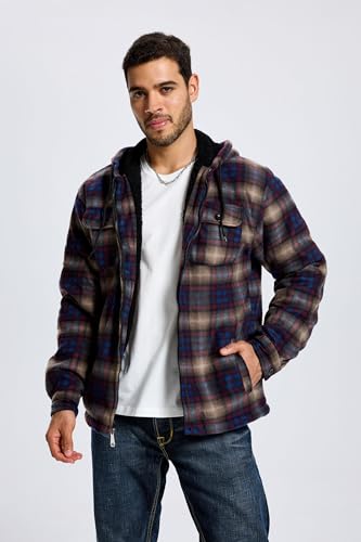 Image of TanBridge Men's Cotton Plaid Shirts Jacket Full Zip Fleece Flannel Sherpa Lined Hoodies Heavyweight Hoodies Jacket for Men